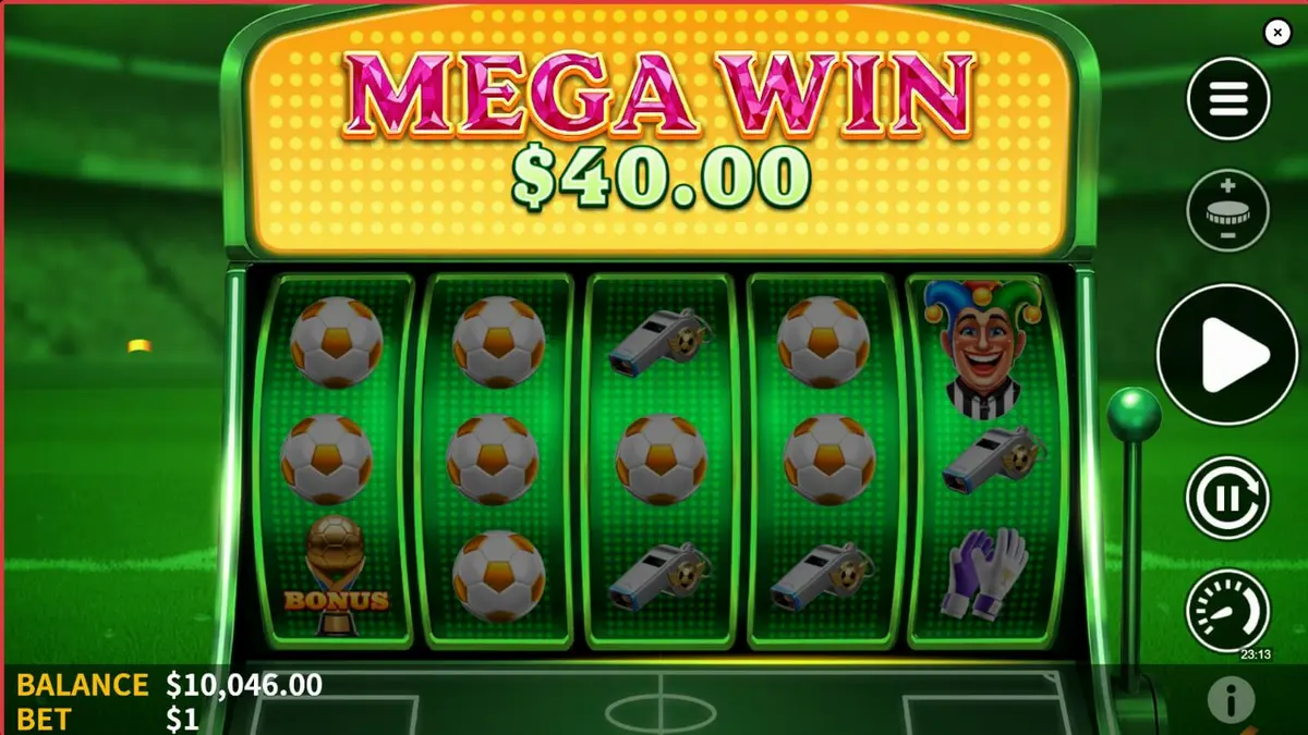 Interface do slot Soccer Joker com elementos de futebol e neon